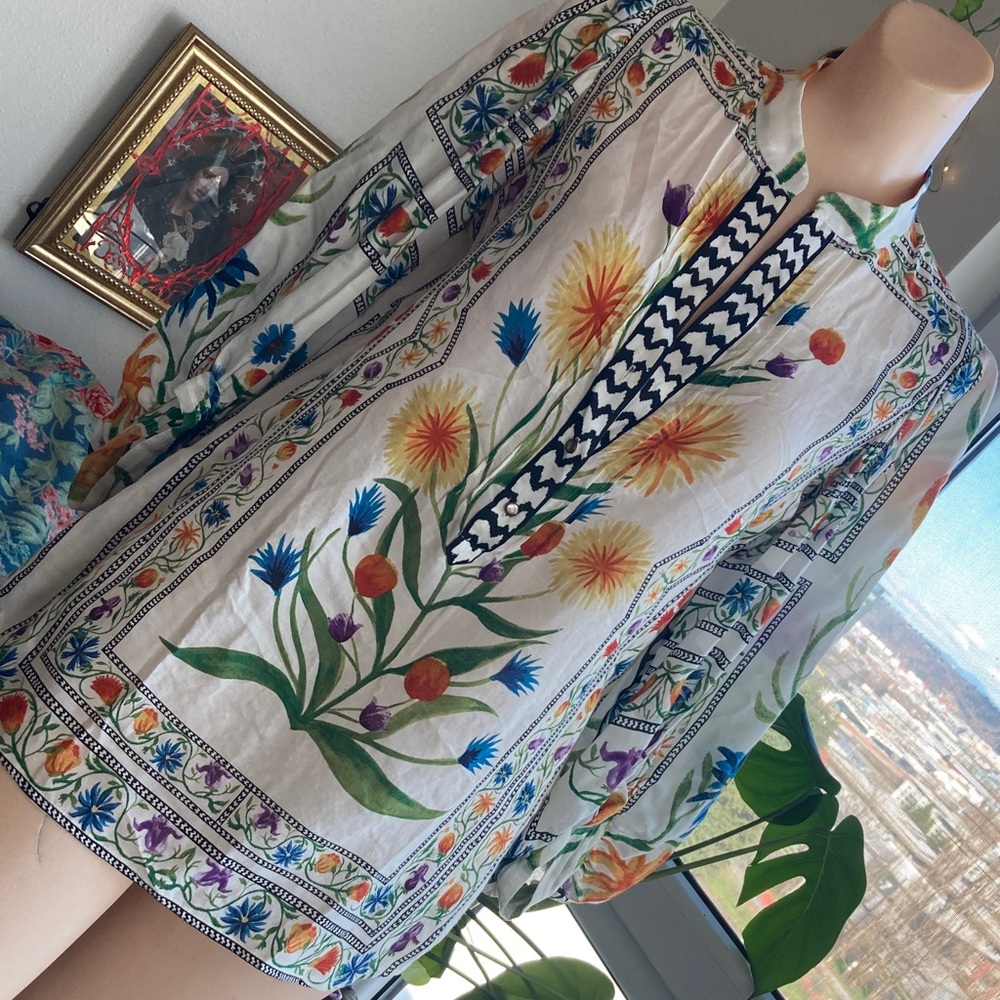 Diane Von Furstenberg Syrah Floral Silk Balloon Sleeve Tunic Blouse